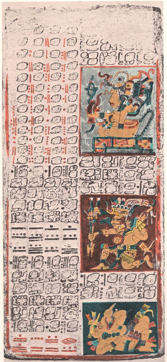 Eine Seite des Dresdner Codex, einer der wenigen erhaltenen Bilderhandschriften der Maya