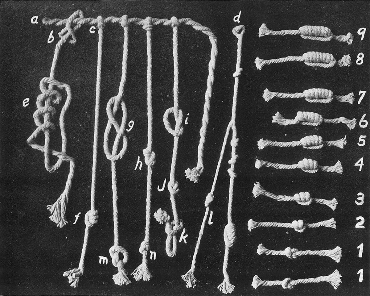 Ein Quipu: Schnüre mit Knoten, deren Position und Art Zahlen festhalten